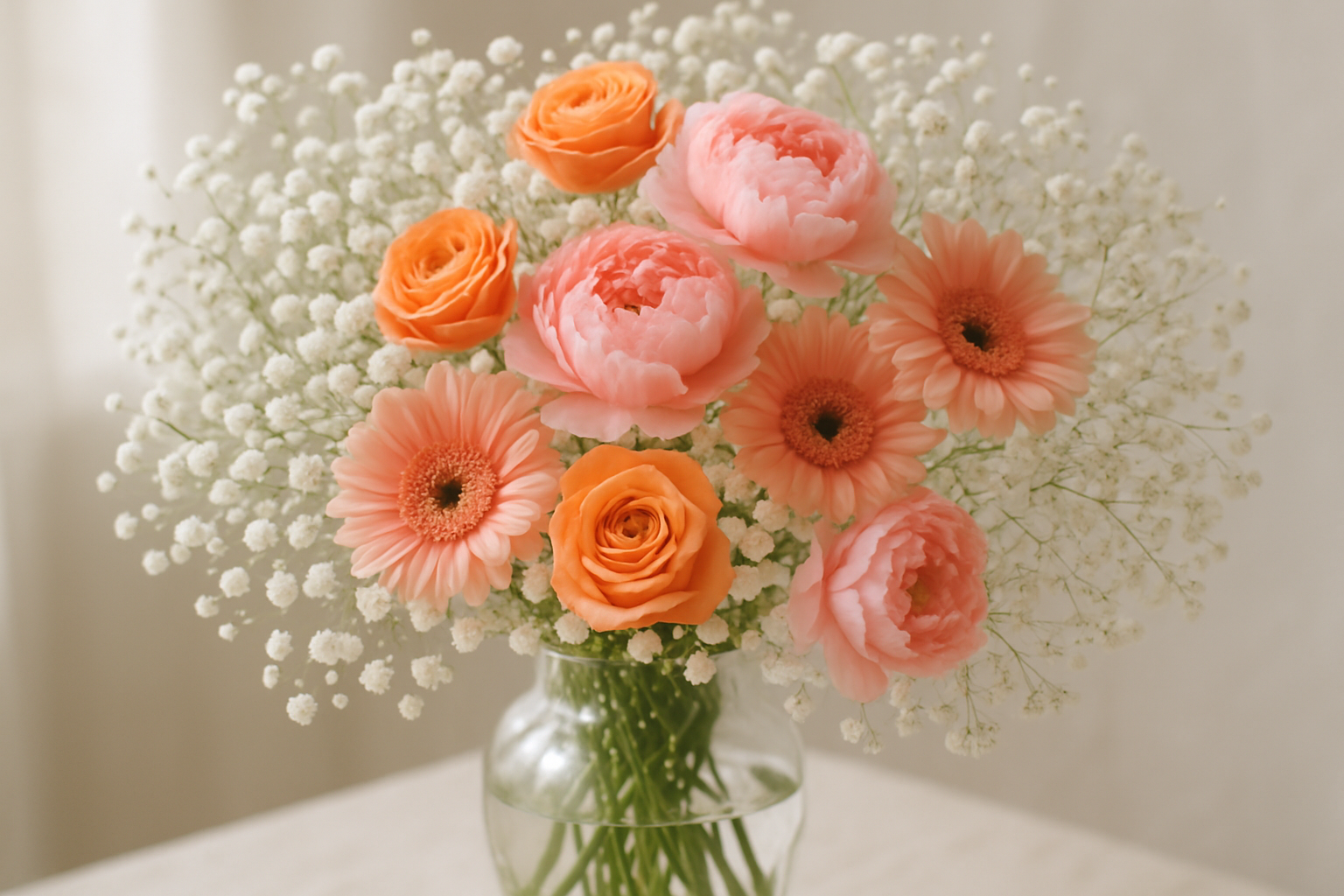 Floral arrangement with babys breath and orange and pink flowers 